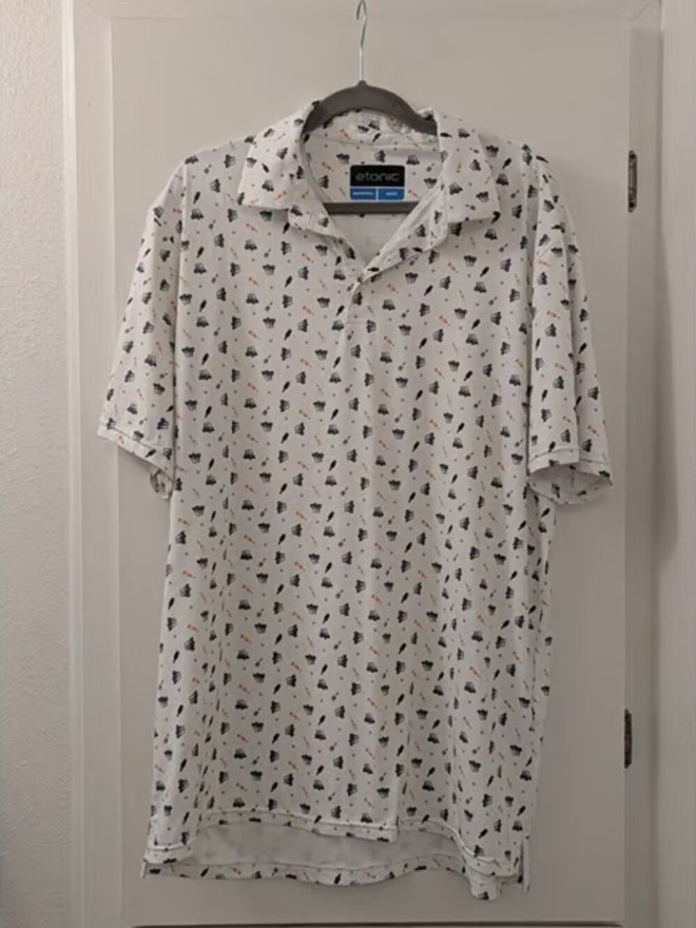 Etonic Mens Golf-Themed Polo Shirt XL White With Fun Bottle & Cart Print